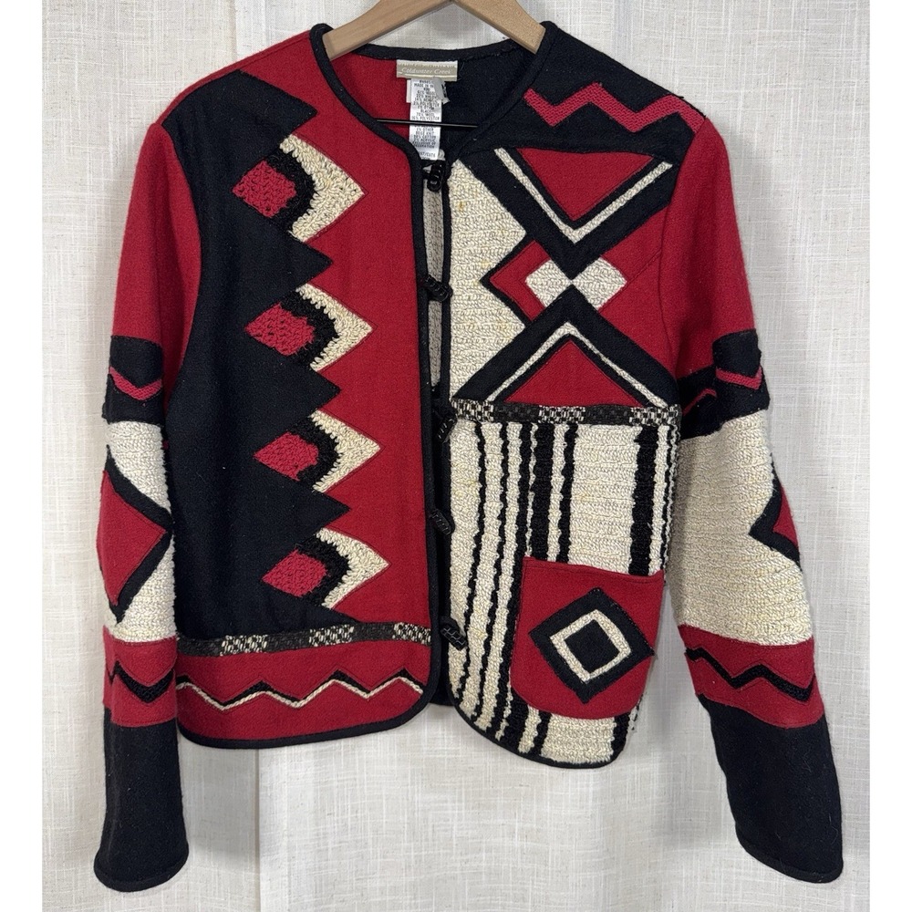 Vtg Coldwater Creek Jacket Red Black Retro Artsy Geometric Wool Women's Sz M